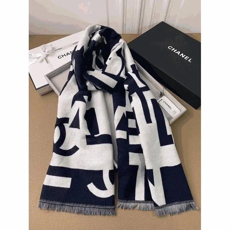CHANEL Classic CC Logo Cashmere Scarf Navy White